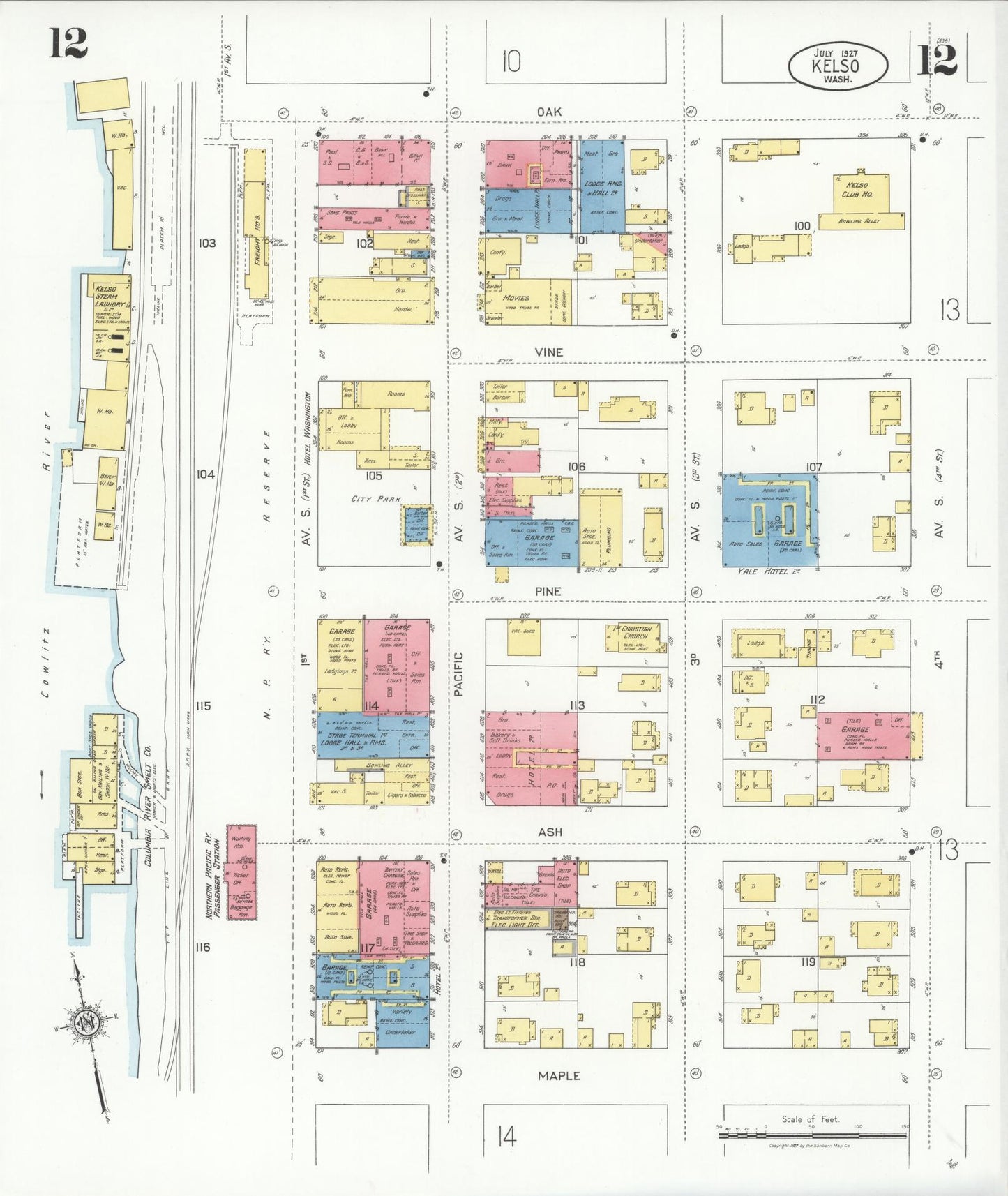 Sanborn Fire Insurance Map from Kelso, Cowlitz County, Washington (1927), Sheet #0012 - Complete Map Set gallery image, historic Sanborn map, vintage wall art, Washington Washington