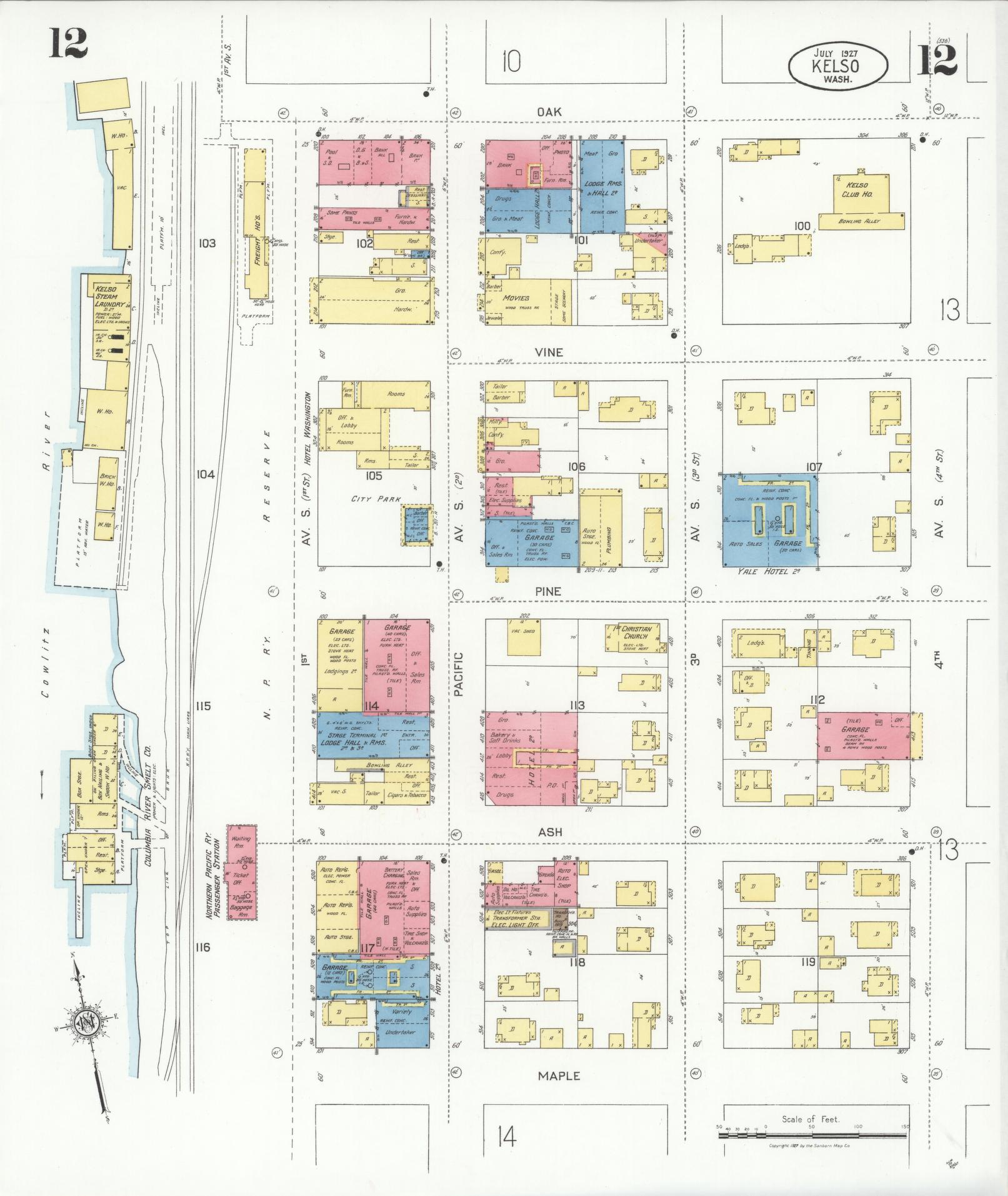 Sanborn Fire Insurance Map from Kelso, Cowlitz County, Washington (1927), Sheet #0012 - Complete Map Set gallery image, historic Sanborn map, vintage wall art, Washington Washington