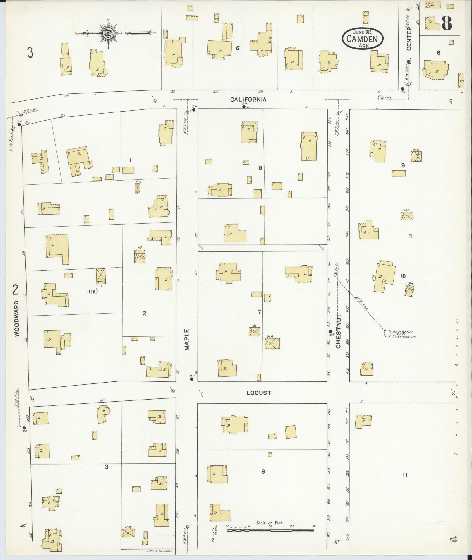 Sanborn Fire Insurance Map from Camden, Ouachita County, Arkansas (1912), Sheet #0008 - Complete Map Set gallery image, historic Sanborn map, vintage wall art, Arkansas Arkansas