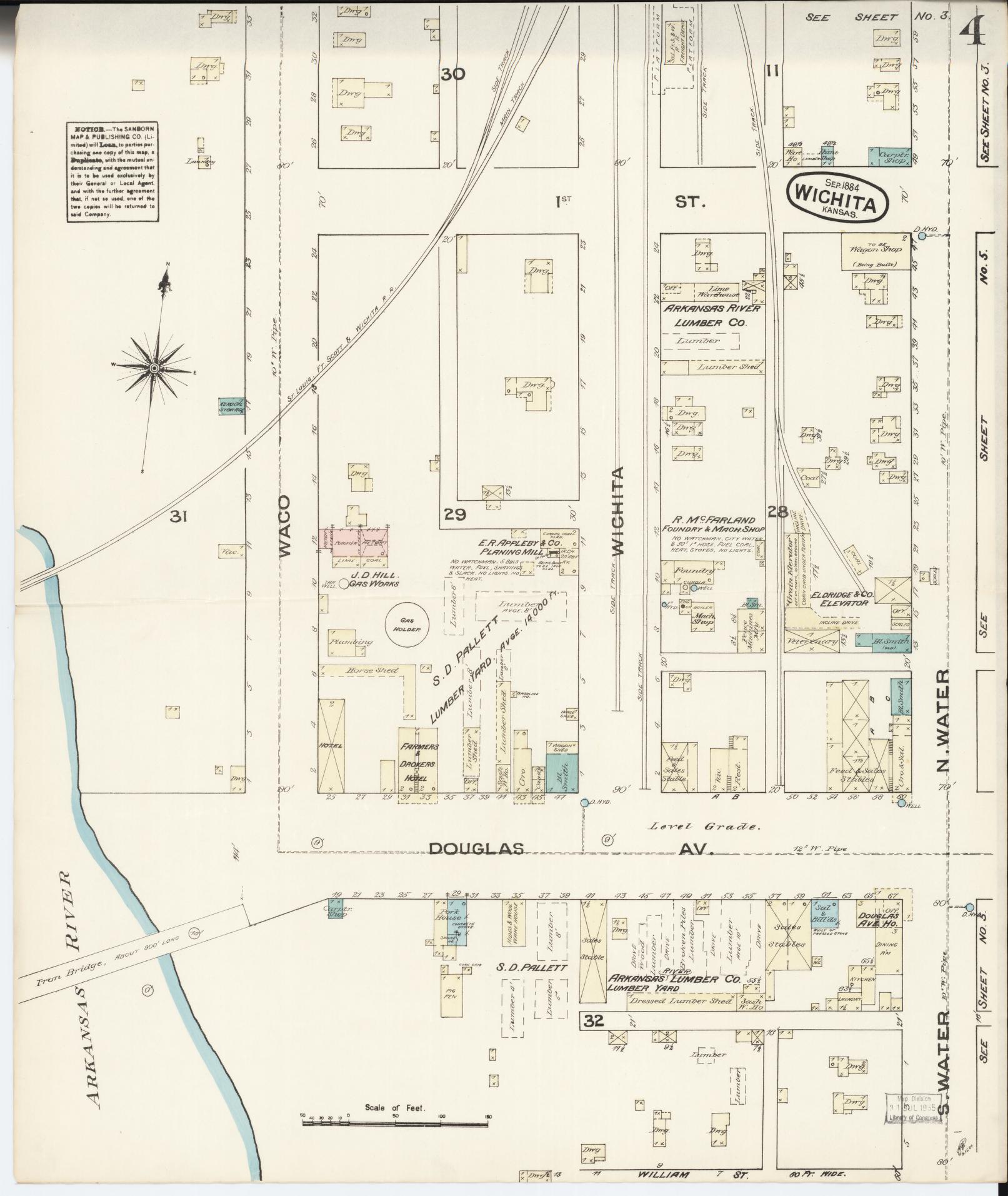Sanborn Fire Insurance Map from Wichita, Sedgwick County, Kansas (1884), Sheet #0004 - Historic Sanborn Fire Insurance Map Print, vintage old map wall art, antique decor, genealogy gift, Kansas Kansas map