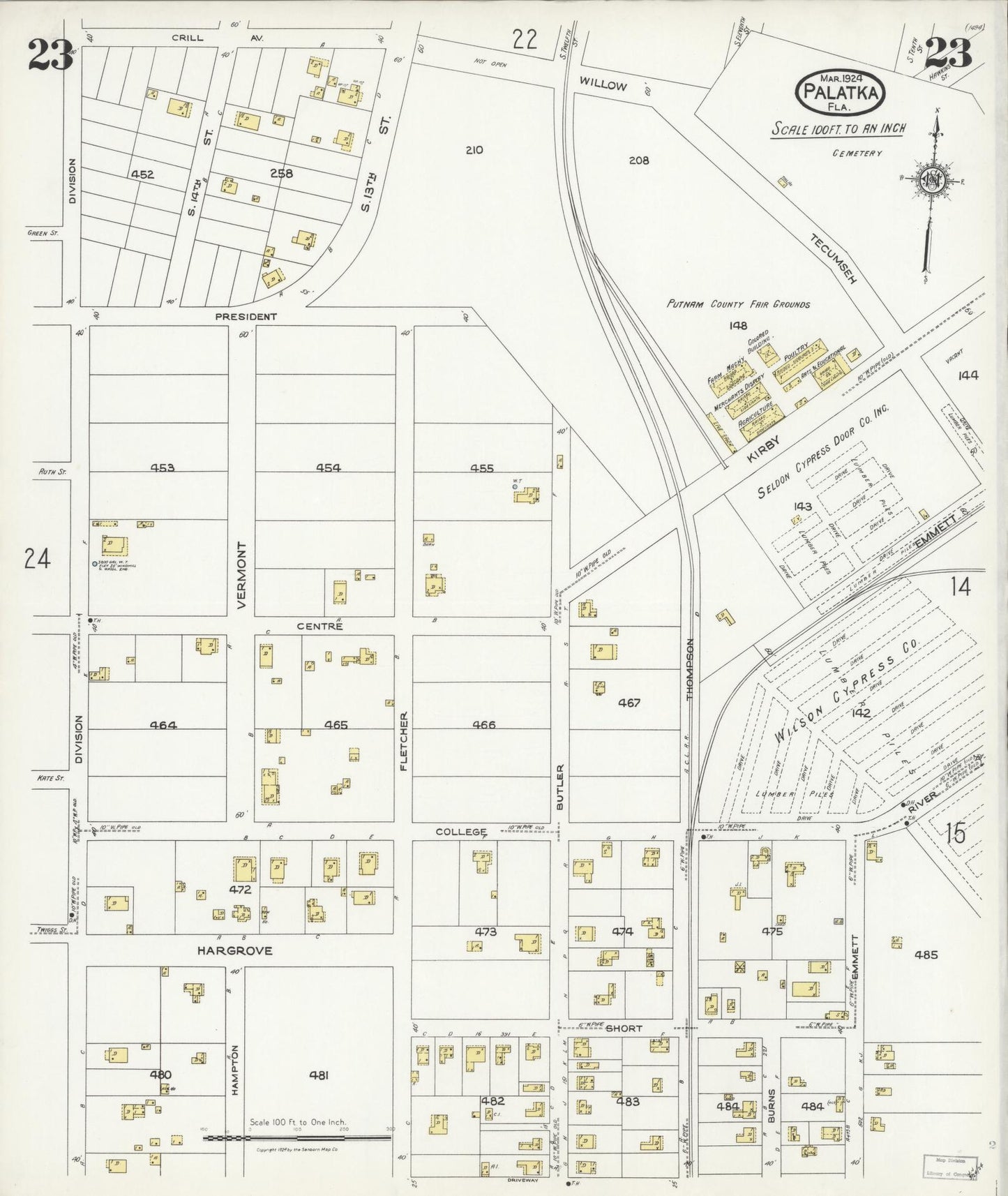 Sanborn Fire Insurance Map from Palatka, Putnam County, Florida (1924), Sheet #0023 - Complete Map Set gallery image, historic Sanborn map, vintage wall art, Florida Florida