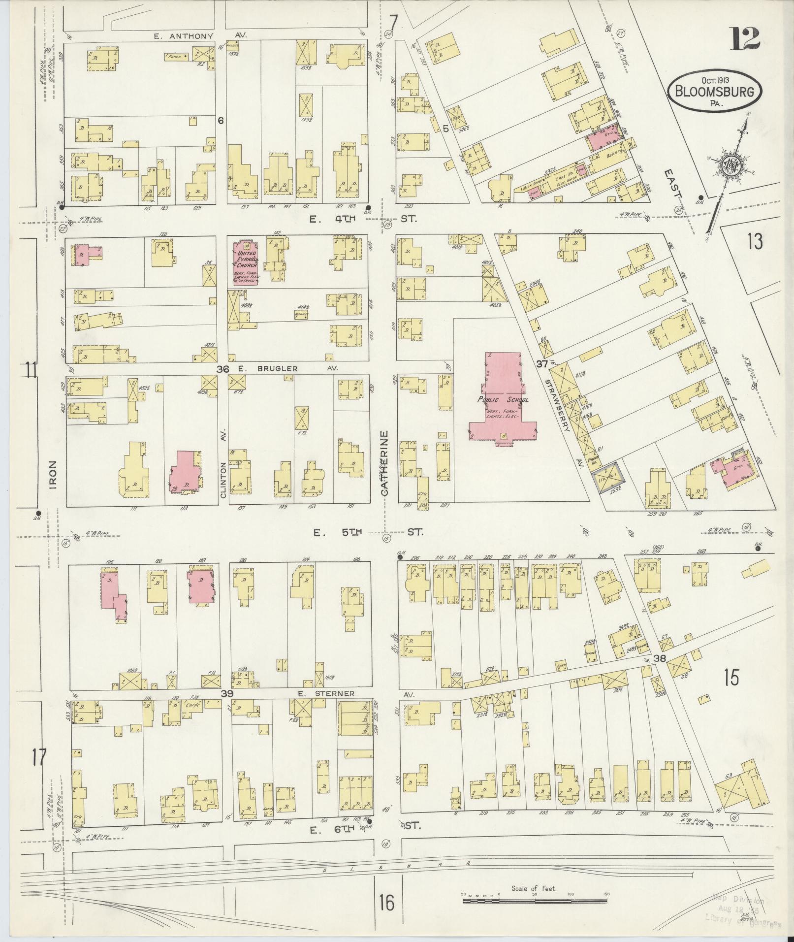 Sanborn Fire Insurance Map from Bloomsburg, Columbia County, Pennsylvania (1913), Sheet #0012 - Historic Sanborn Fire Insurance Map Print, vintage old map wall art, antique decor, genealogy gift, Pennsylvania Pennsylvania map