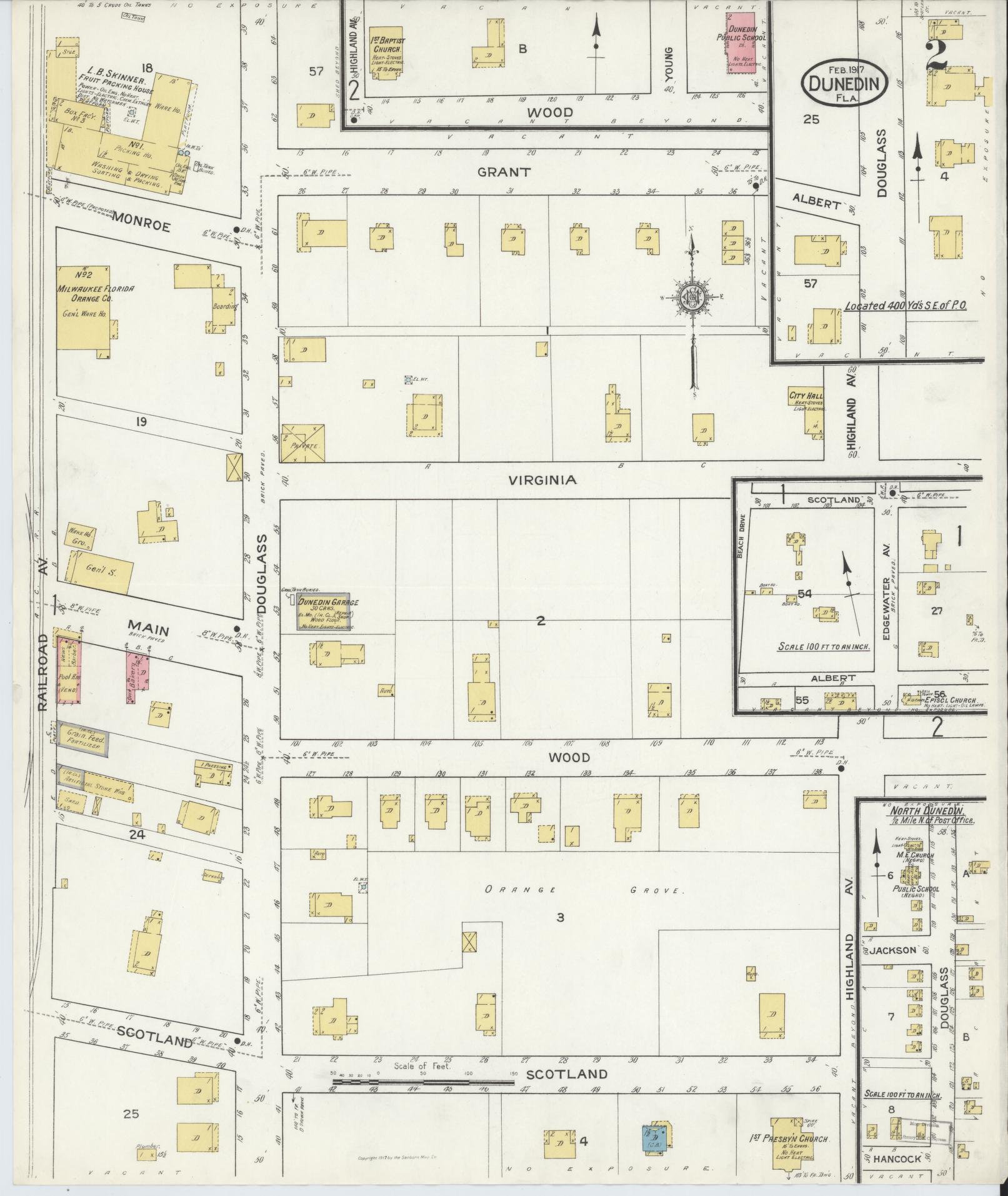 Sanborn Fire Insurance Map from Dunedin, Pinellas County, Florida (1917), Sheet #0002 - Historic Sanborn Fire Insurance Map Print, vintage old map wall art, antique decor, genealogy gift, Florida Florida map