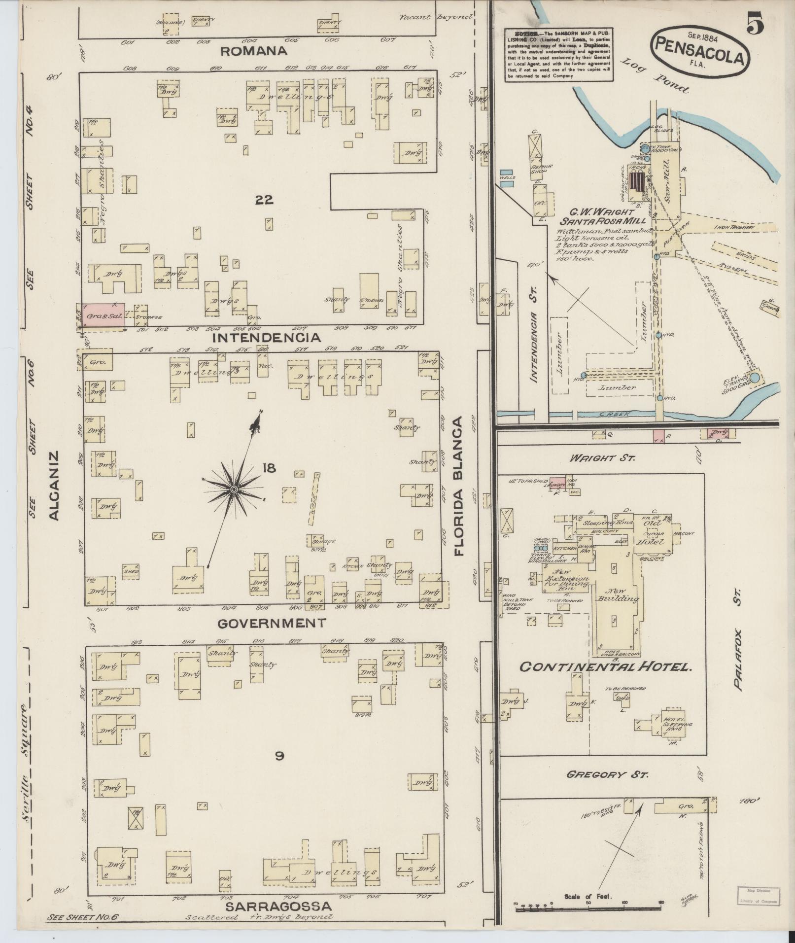 Sanborn Fire Insurance Map from Pensacola, Escambia County, Florida (1884), Sheet #0005 - Complete Map Set gallery image, historic Sanborn map, vintage wall art, Florida Florida