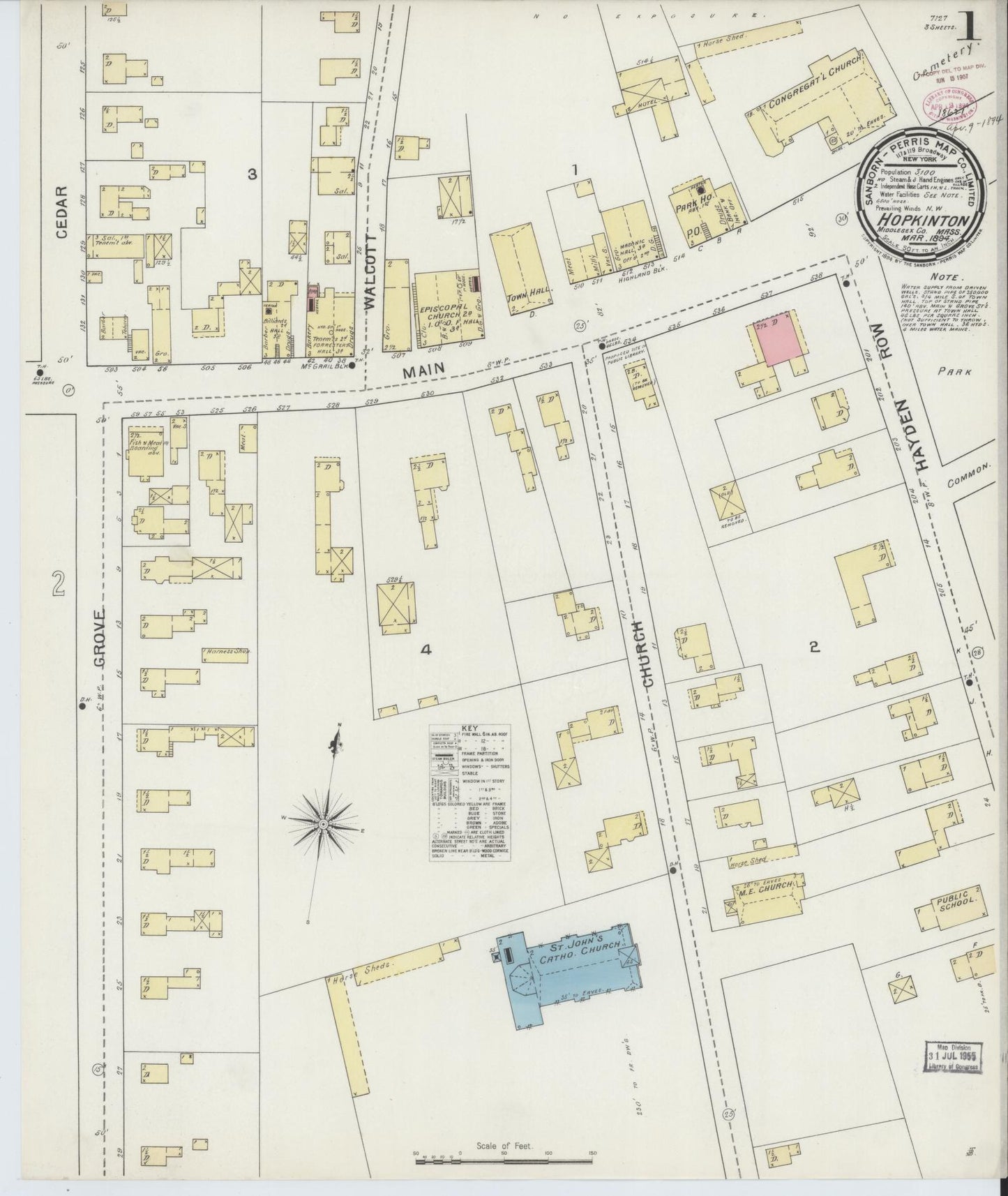 Sanborn Fire Insurance Map from Hopkinton, Middlesex County, Massachusetts (1894), Sheet #0001 - Complete Map Set gallery image, historic Sanborn map, vintage wall art, Massachusetts Massachusetts