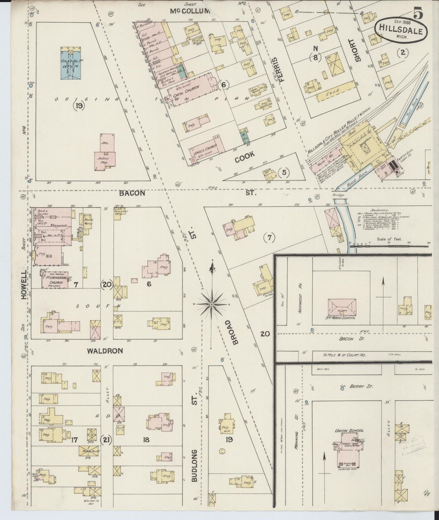 Sanborn Fire Insurance Map from Hillsdale, Hillsdale County, Michigan (1888), Sheet #0005 - Complete Map Set gallery image, historic Sanborn map, vintage wall art, Michigan Michigan