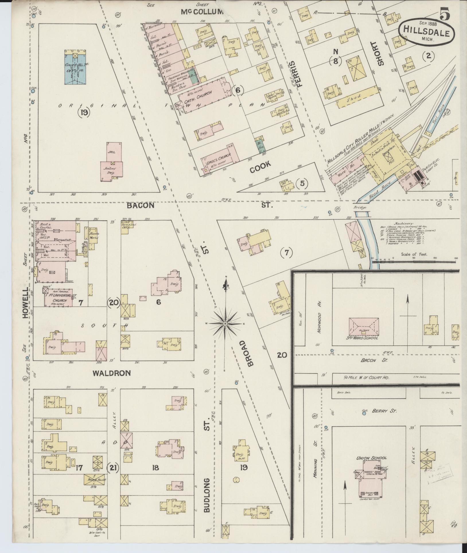 Sanborn Fire Insurance Map from Hillsdale, Hillsdale County, Michigan (1888), Sheet #0005 - Complete Map Set gallery image, historic Sanborn map, vintage wall art, Michigan Michigan