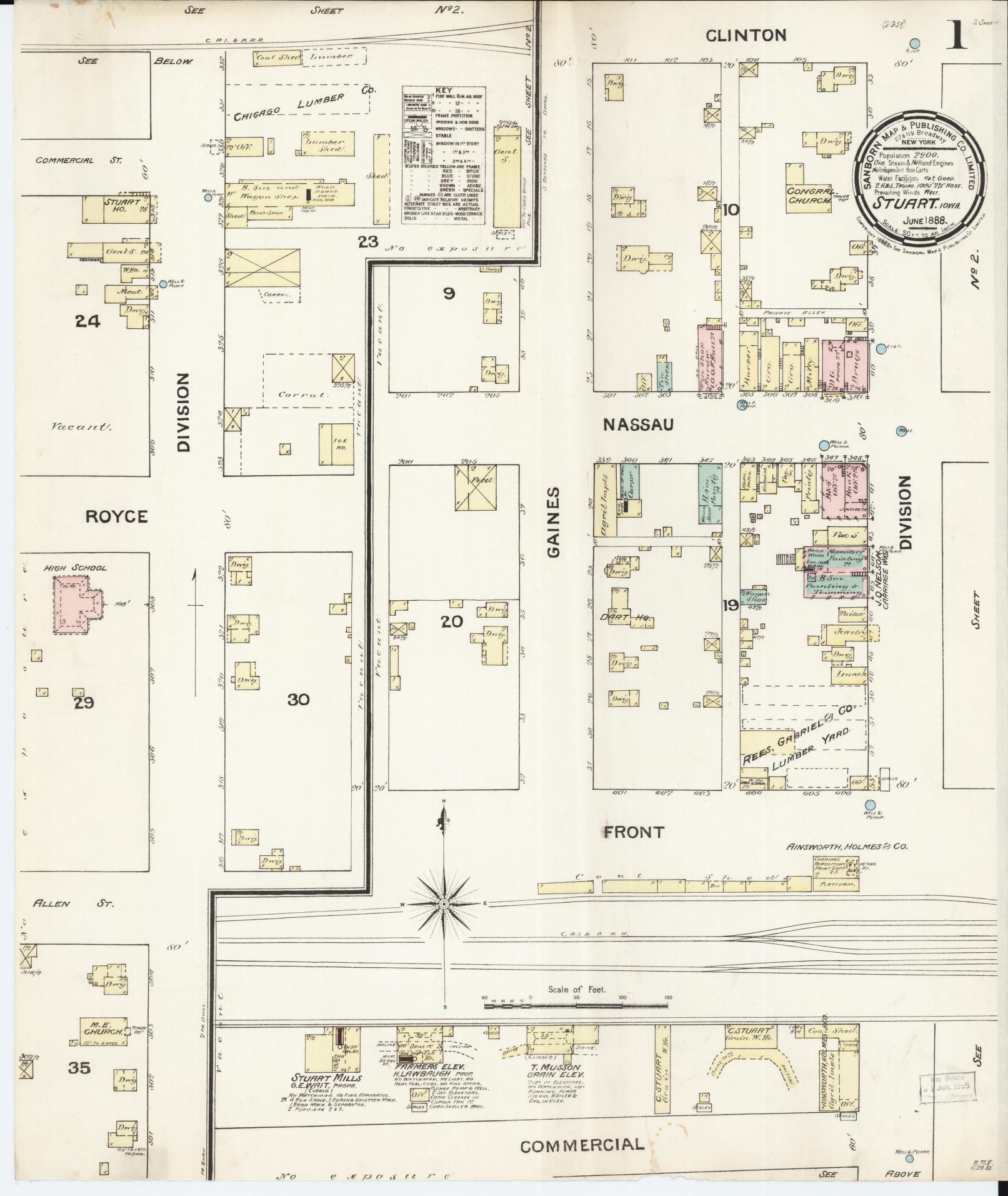 Sanborn Fire Insurance Map from Stuart, Guthrie and Adair Counties, Iowa (1888), Sheet #0001 - Historic Sanborn Fire Insurance Map Print, vintage old map wall art