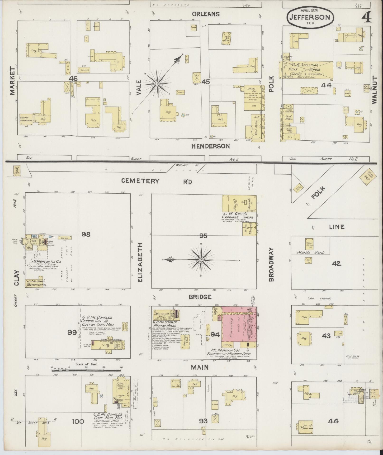 Sanborn Fire Insurance Map from Jefferson, Marion County, Texas (1890), Sheet #0004 - Historic Sanborn Fire Insurance Map Print, vintage old map wall art, antique decor, genealogy gift, Texas Texas map