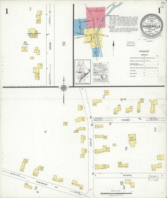 Sanborn Fire Insurance Map from Sangerville, Piscataquis County, Maine (1923), Sheet #0001 - Historic Sanborn Fire Insurance Map Print, vintage old map wall art, antique decor, genealogy gift, Maine Maine map