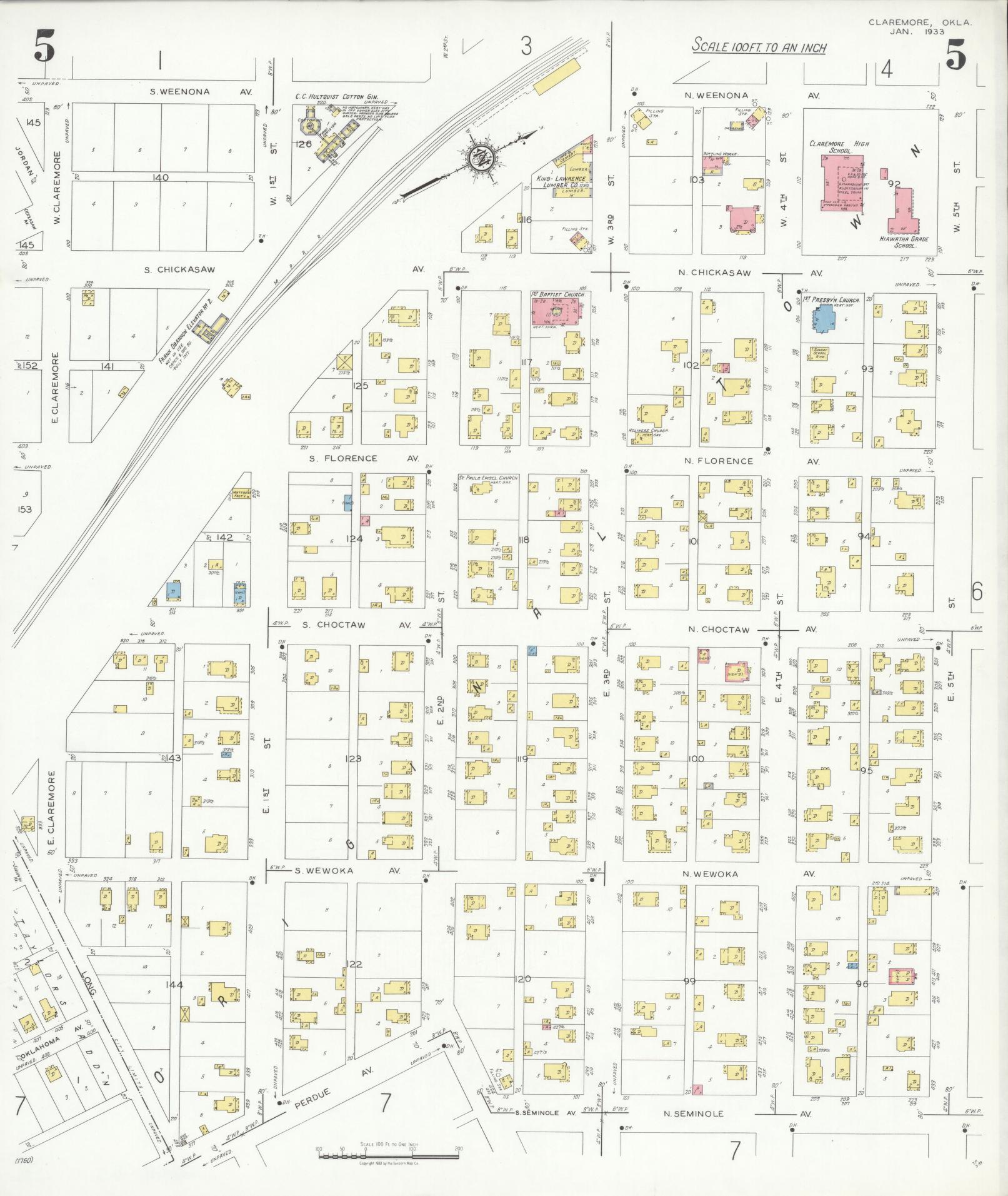 Sanborn Fire Insurance Map from Claremore, Rogers County, Oklahoma (1933), Sheet #0005 - Historic Sanborn Fire Insurance Map Print, vintage old map wall art, antique decor, genealogy gift, Oklahoma Oklahoma map