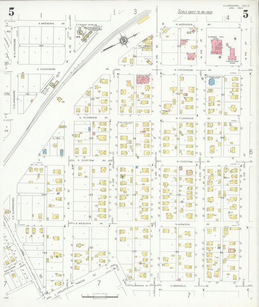 Sanborn Fire Insurance Map from Claremore, Rogers County, Oklahoma (1933), Sheet #0005 - Historic Sanborn Fire Insurance Map Print, vintage old map wall art, antique decor, genealogy gift, Oklahoma Oklahoma map