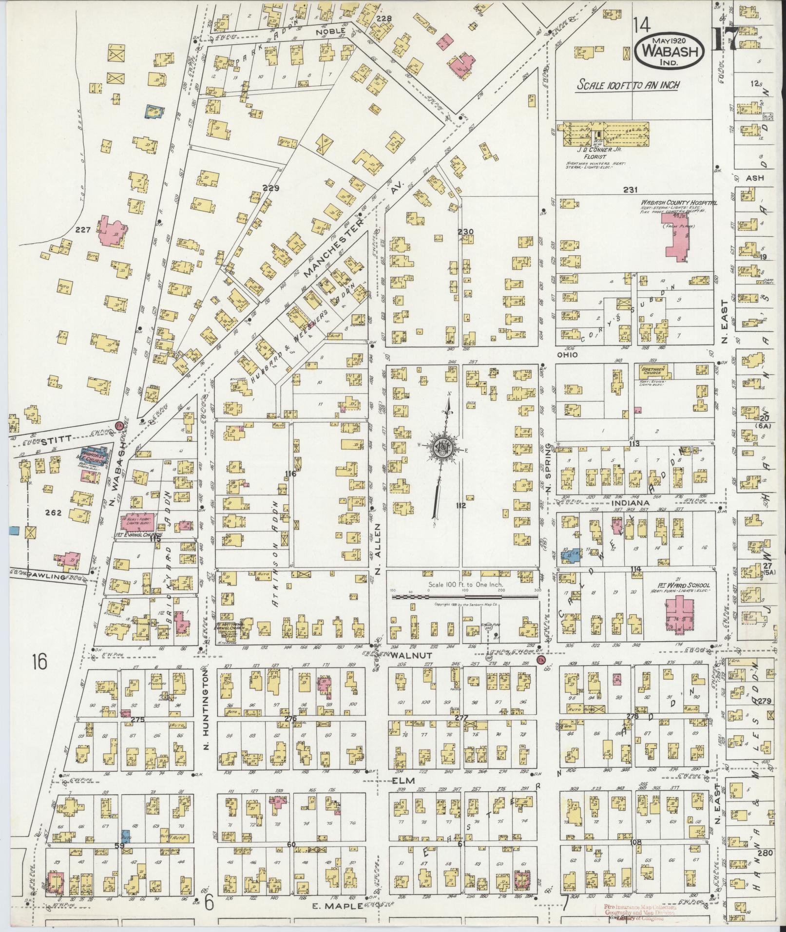 Sanborn Fire Insurance Map from Wabash, Wabash County, Indiana (1920), Sheet #0017 - Historic Sanborn Fire Insurance Map Print, vintage old map wall art, antique decor, genealogy gift, Indiana Indiana map