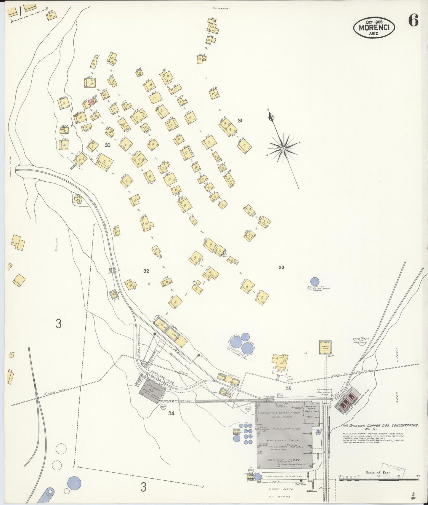 Sanborn Fire Insurance Map from Morenci, Greenlee County, Arizona (1908), Sheet #0006 - Complete Map Set gallery image, historic Sanborn map, vintage wall art, Arizona Arizona
