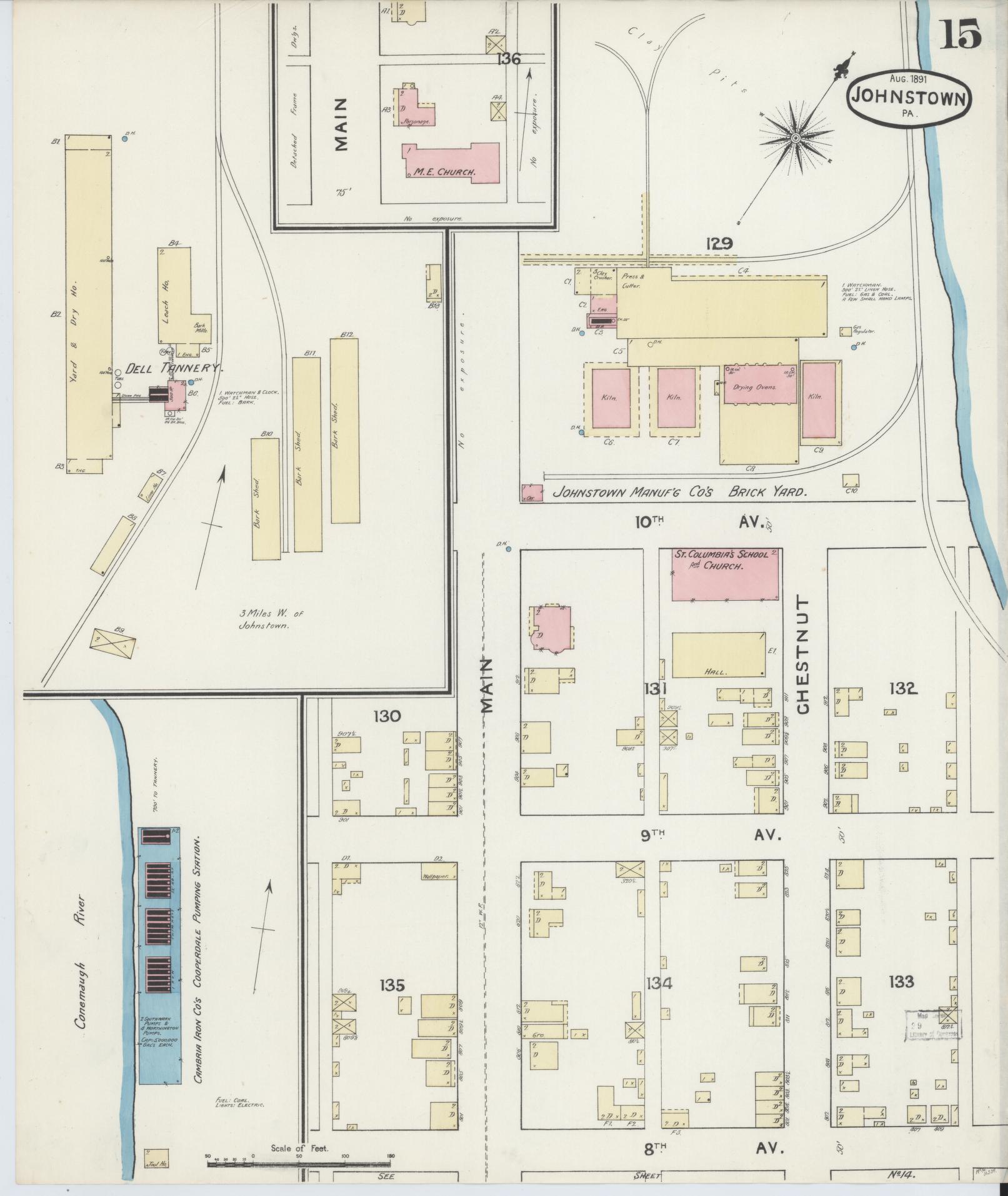 Sanborn Fire Insurance Map from Johnstown, Cambria County, Pennsylvania (1891), Sheet #0015 - Historic Sanborn Fire Insurance Map Print, vintage old map wall art, antique decor, genealogy gift, Pennsylvania Pennsylvania map
