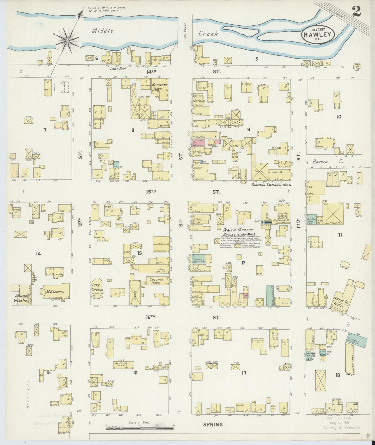 Sanborn Fire Insurance Map from Hawley, Wayne County, Pennsylvania (1897), Sheet #0002 - Historic Sanborn Fire Insurance Map Print, vintage old map wall art, antique decor, genealogy gift, Pennsylvania Pennsylvania map