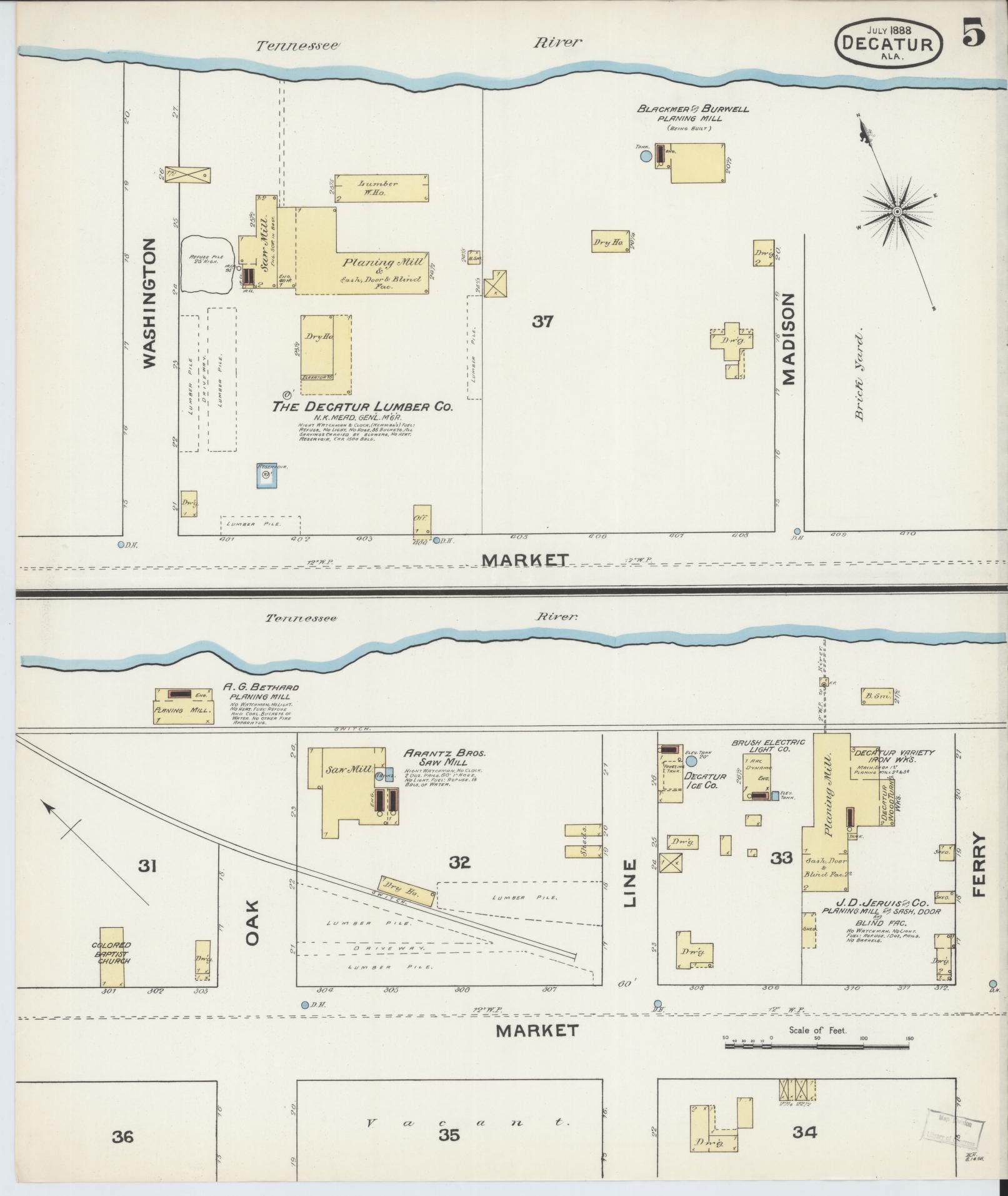 Sanborn Fire Insurance Map from Decatur, Morgan County, Alabama (1888), Sheet #0005 - Historic Sanborn Fire Insurance Map Print, vintage old map wall art, antique decor, genealogy gift, Alabama Alabama map