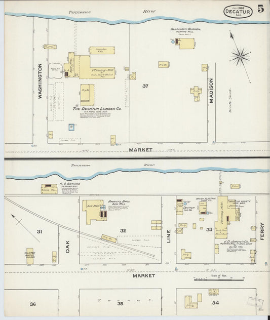 Sanborn Fire Insurance Map from Decatur, Morgan County, Alabama (1888), Sheet #0005 - Historic Sanborn Fire Insurance Map Print, vintage old map wall art, antique decor, genealogy gift, Alabama Alabama map