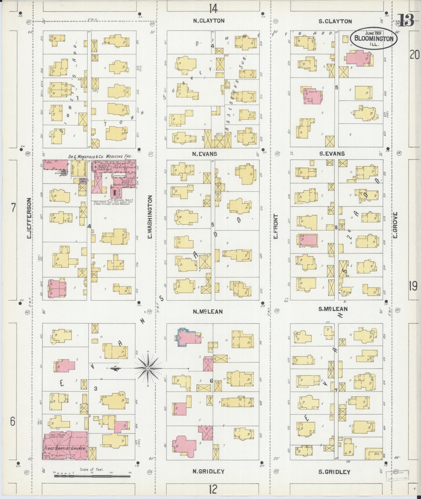 Sanborn Fire Insurance Map from Bloomington, McLean County, Illinois (1901), Sheet #0013 - Complete Map Set gallery image, historic Sanborn map, vintage wall art, Illinois Illinois