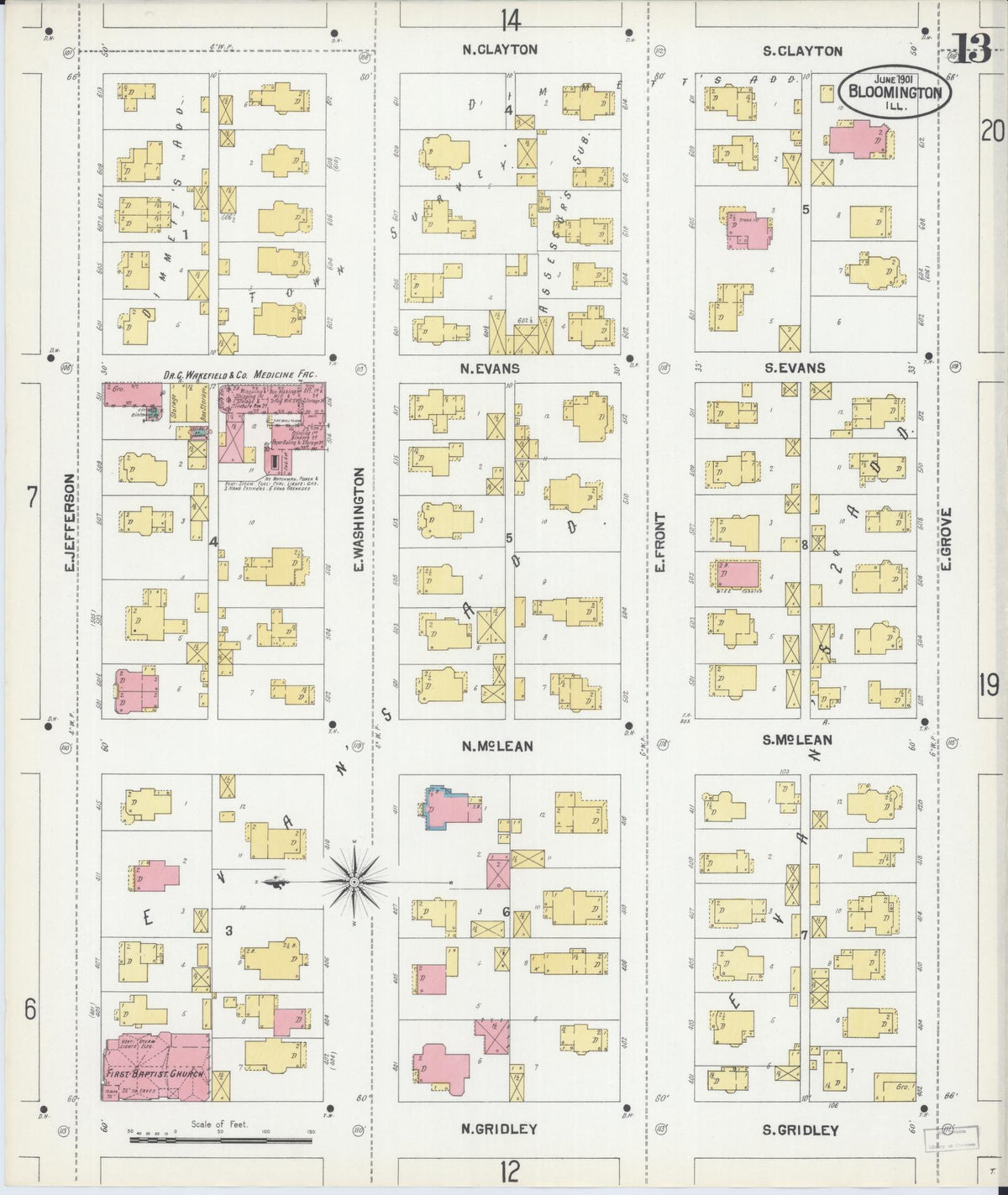 Sanborn Fire Insurance Map from Bloomington, McLean County, Illinois (1901), Sheet #0013 - Complete Map Set gallery image, historic Sanborn map, vintage wall art, Illinois Illinois