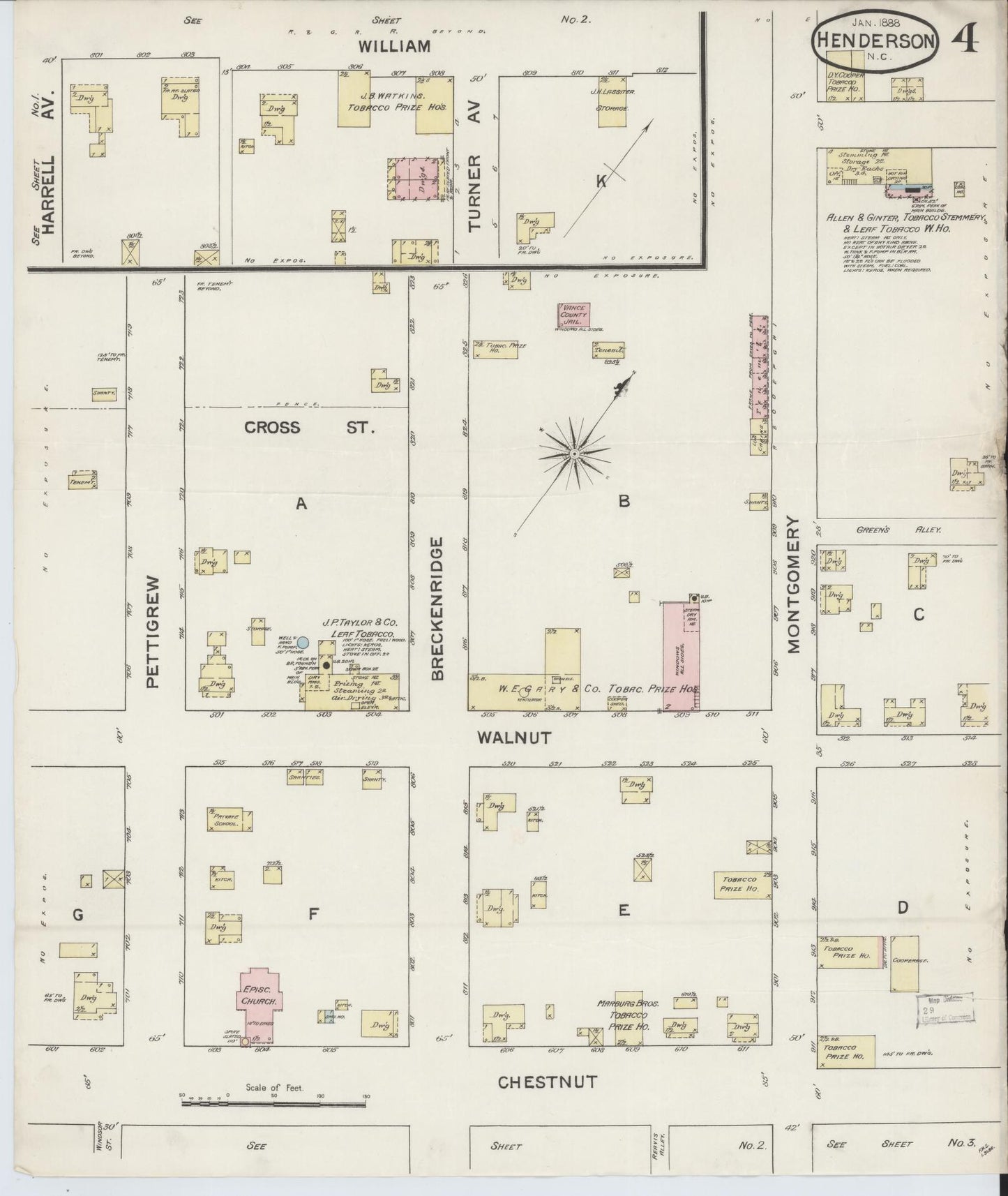Sanborn Fire Insurance Map from Henderson, Vance County, North Carolina (1888), Sheet #0004 - Complete Map Set gallery image, historic Sanborn map, vintage wall art, North Carolina North Carolina