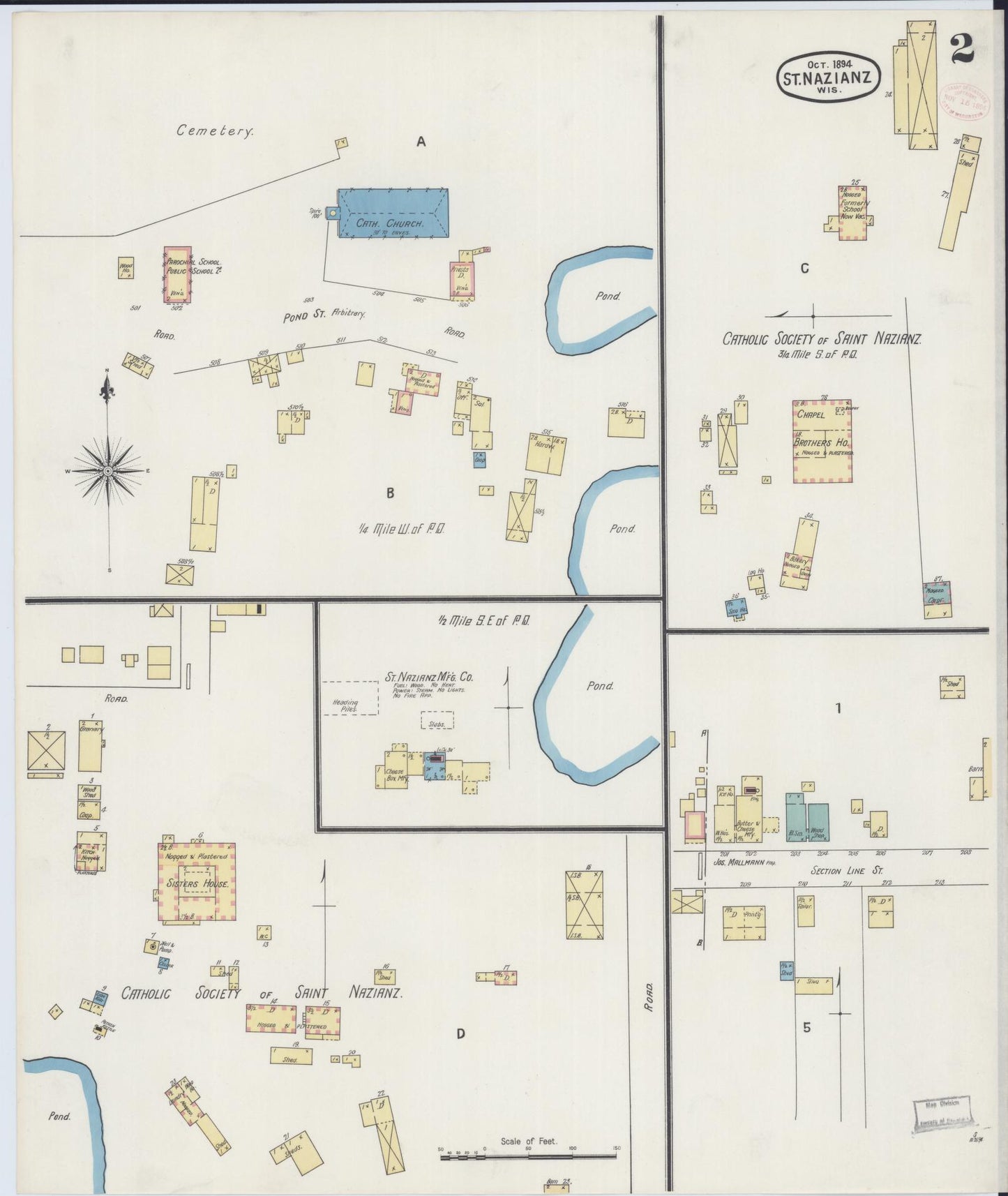 Sanborn Fire Insurance Map from Saint Nazianz, Manitowoc County, Wisconsin (1894), Sheet #0002 - Historic Sanborn Fire Insurance Map Print, vintage old map wall art, antique decor, genealogy gift, Wisconsin Wisconsin map