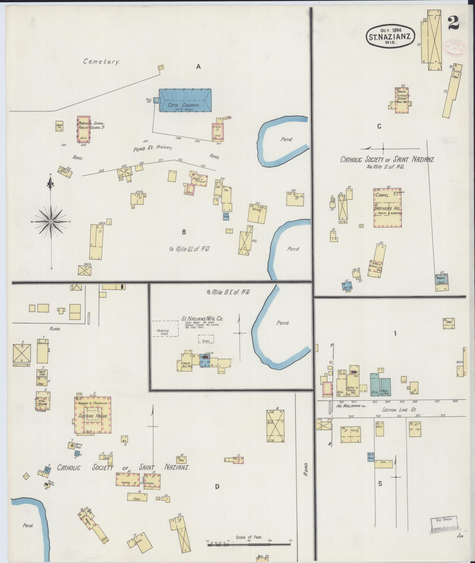 Sanborn Fire Insurance Map from Saint Nazianz, Manitowoc County, Wisconsin (1894), Sheet #0002 - Historic Sanborn Fire Insurance Map Print, vintage old map wall art, antique decor, genealogy gift, Wisconsin Wisconsin map