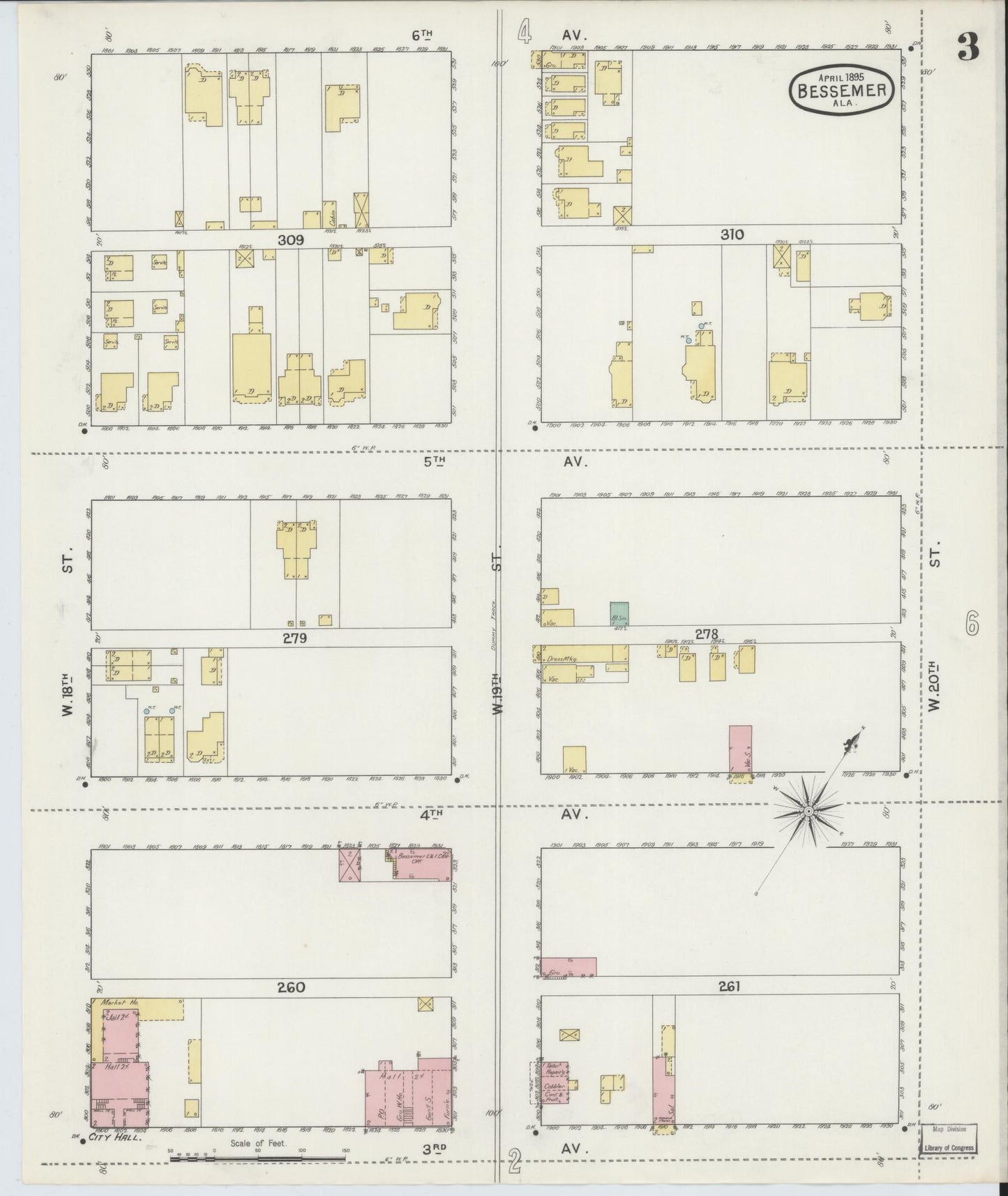 Sanborn Fire Insurance Map from Bessemer, Jefferson County, Alabama (1895), Sheet #0003 - Complete Map Set gallery image, historic Sanborn map, vintage wall art, Alabama Alabama