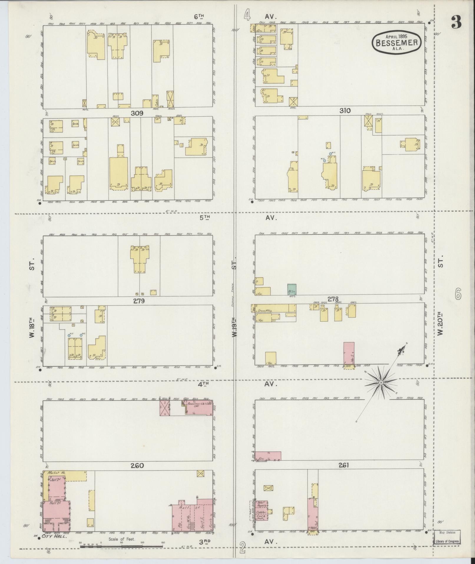 Sanborn Fire Insurance Map from Bessemer, Jefferson County, Alabama (1895), Sheet #0003 - Complete Map Set gallery image, historic Sanborn map, vintage wall art, Alabama Alabama