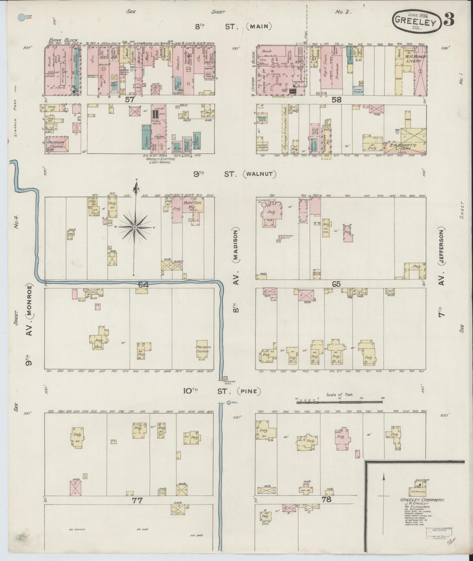 Sanborn Fire Insurance Map from Greeley, Weld County, Colorado (1887), Sheet #0003 - Historic Sanborn Fire Insurance Map Print, vintage old map wall art, antique decor, genealogy gift, Colorado Colorado map