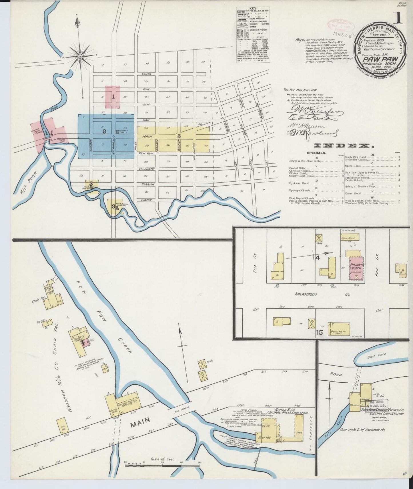 Sanborn Fire Insurance Map from Paw Paw, Van Buren County, Michigan (1892), Sheet #0001 - Complete Map Set gallery image, historic Sanborn map, vintage wall art, Michigan Michigan