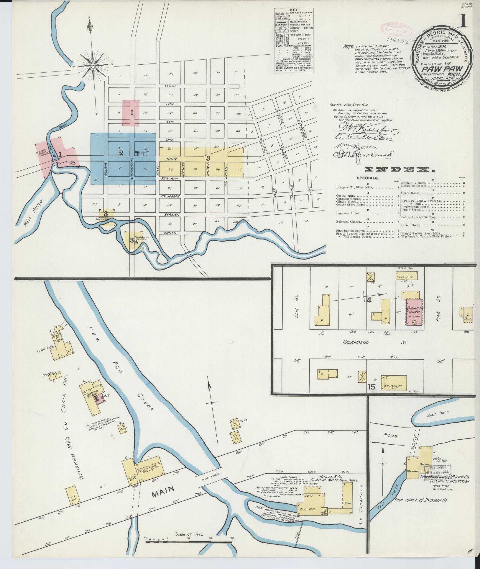 Sanborn Fire Insurance Map from Paw Paw, Van Buren County, Michigan (1892), Sheet #0001 - Complete Map Set gallery image, historic Sanborn map, vintage wall art, Michigan Michigan