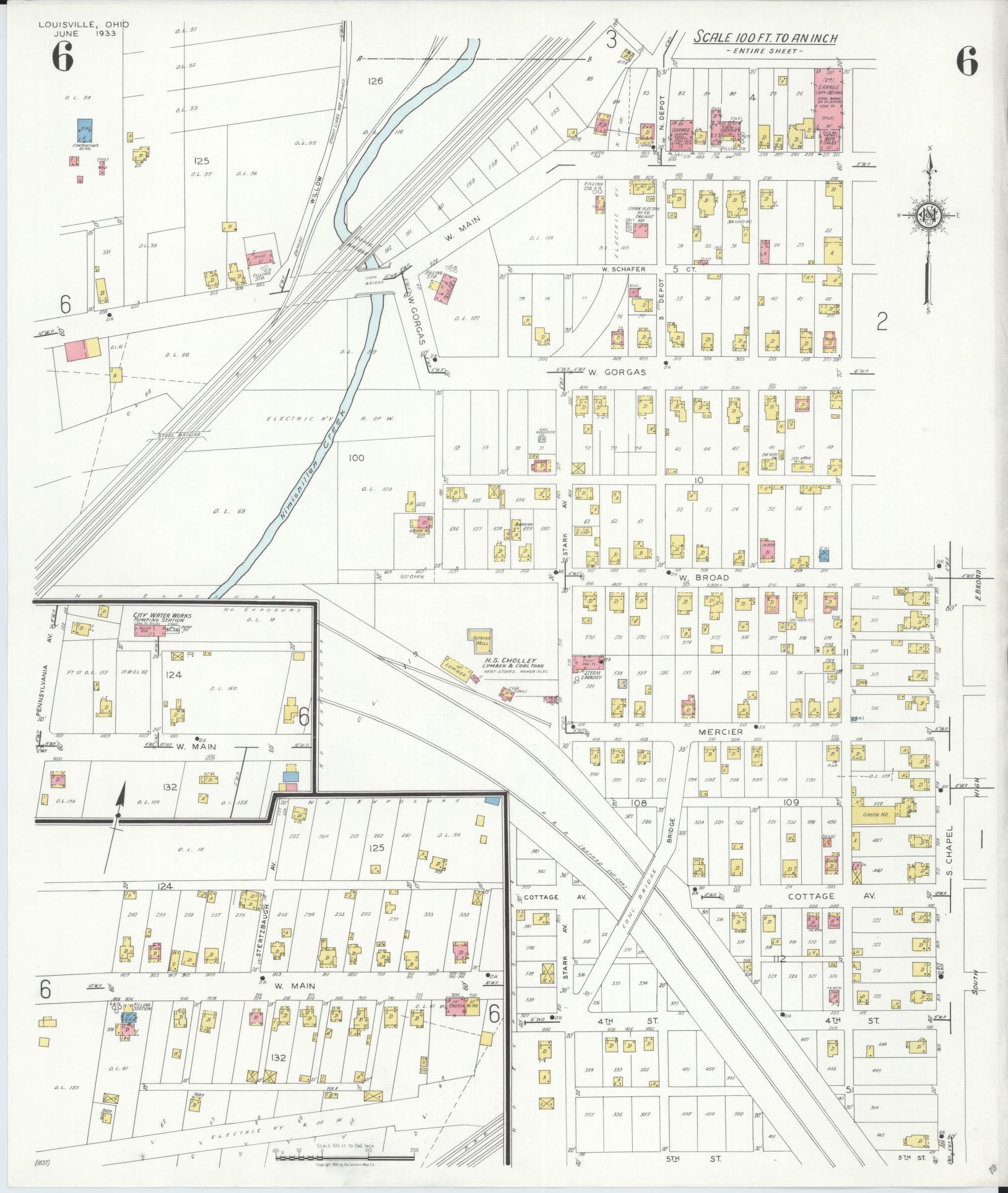 Sanborn Fire Insurance Map from Louisville, Stark County, Ohio (1933), Sheet #0006 - Historic Sanborn Fire Insurance Map Print, vintage old map wall art, antique decor, genealogy gift, Ohio Ohio map