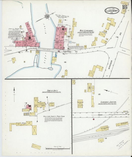 Sanborn Fire Insurance Map from Claremont, Sullivan County, New Hampshire (1918), Sheet #0018 - Historic Sanborn Fire Insurance Map Print, vintage old map wall art, antique decor, genealogy gift, New Hampshire New Hampshire map