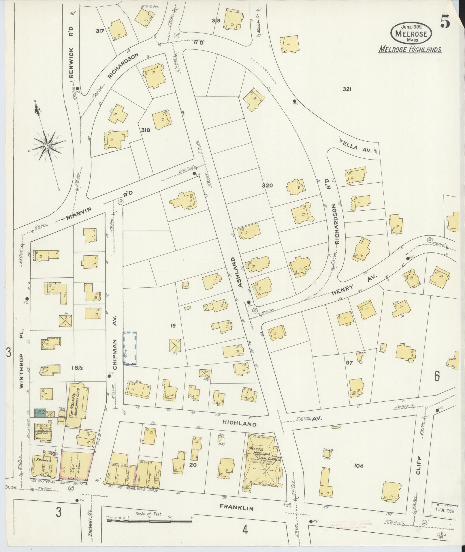 Sanborn Fire Insurance Map from Melrose, Middlesex County, Massachusetts (1909), Sheet #0005 - Historic Sanborn Fire Insurance Map Print, vintage old map wall art, antique decor, genealogy gift, Massachusetts Massachusetts map