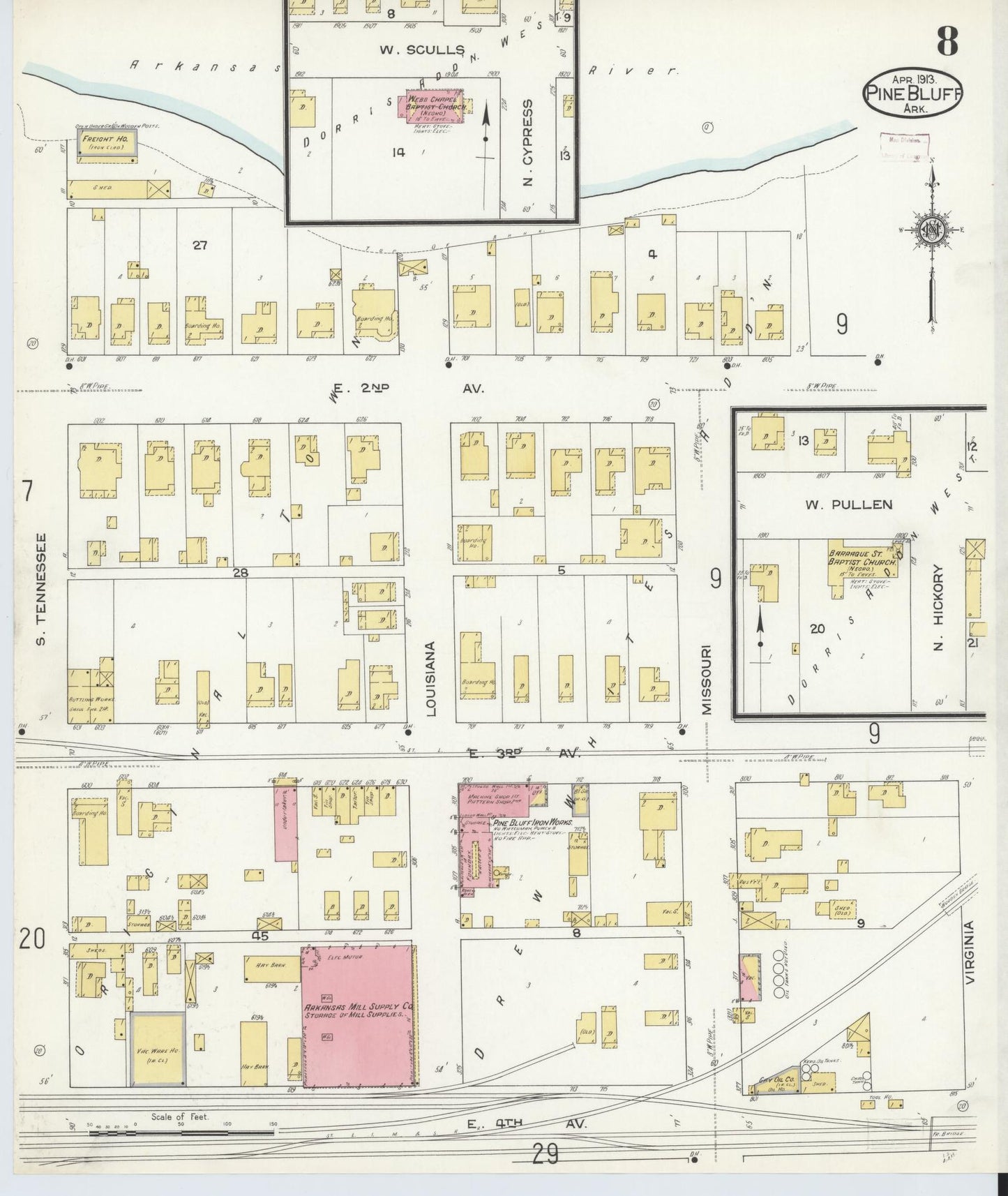 Sanborn Fire Insurance Map from Pine Bluff, Jefferson County, Arkansas (1913), Sheet #0008 - Historic Sanborn Fire Insurance Map Print, vintage old map wall art, antique decor, genealogy gift, Arkansas Arkansas map