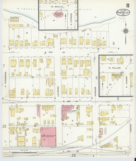 Sanborn Fire Insurance Map from Pine Bluff, Jefferson County, Arkansas (1913), Sheet #0008 - Historic Sanborn Fire Insurance Map Print, vintage old map wall art, antique decor, genealogy gift, Arkansas Arkansas map