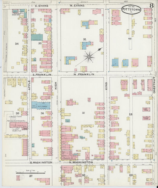 Sanborn Fire Insurance Map from Pottstown, Montgomery County, Pennsylvania (1891), Sheet #0008 - Historic Sanborn Fire Insurance Map Print, vintage old map wall art, antique decor, genealogy gift, Pennsylvania Pennsylvania map