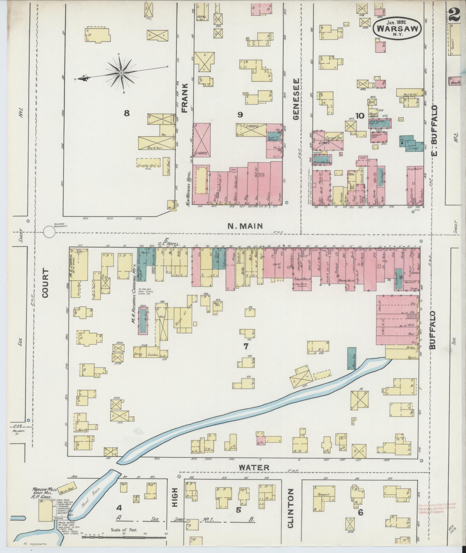 Sanborn Fire Insurance Map from Warsaw, Wyoming County, New York (1892), Sheet #0002 - Complete Map Set gallery image, historic Sanborn map, vintage wall art, Warsaw Wyoming