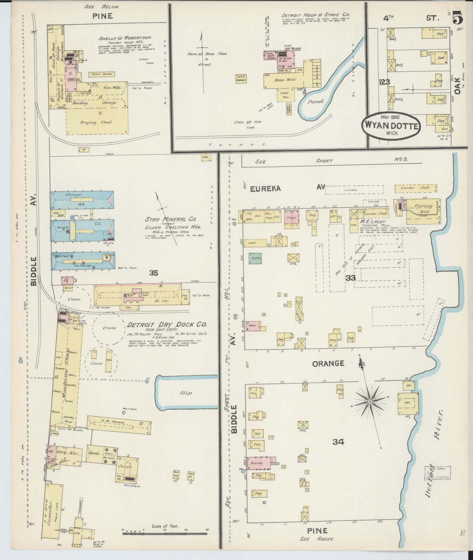 Sanborn Fire Insurance Map from Wyandotte, Wayne County, Michigan (1890), Sheet #0005 - Complete Map Set gallery image, historic Sanborn map, vintage wall art, Michigan Michigan