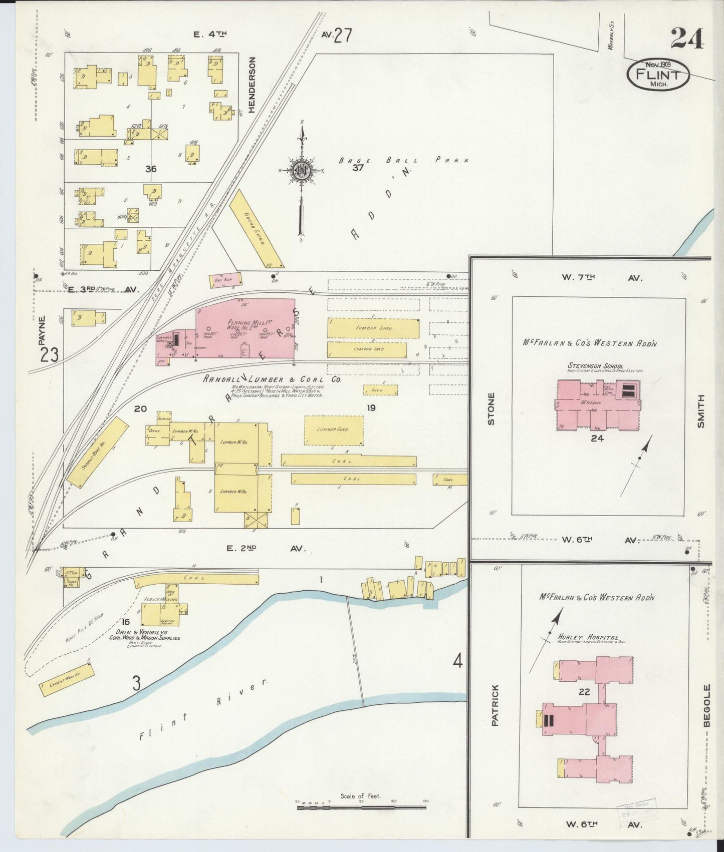 Sanborn Fire Insurance Map from Flint, Genesee County, Michigan (1909), Sheet #0024 - Complete Map Set gallery image, historic Sanborn map, vintage wall art, Michigan Michigan