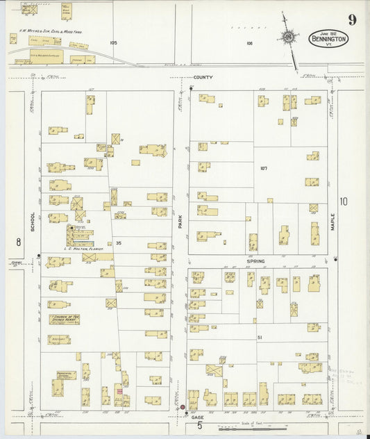 Sanborn Fire Insurance Map from Bennington, Bennington County, Vermont (1912), Sheet #0009 - Historic Sanborn Fire Insurance Map Print, vintage old map wall art, antique decor, genealogy gift, Vermont Vermont map