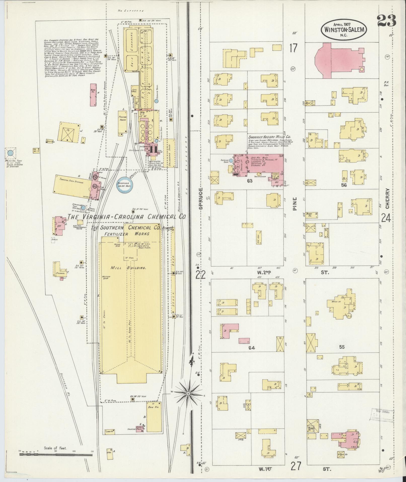 Sanborn Fire Insurance Map from Winston-Salem, Forsyth County, North Carolina (1907), Sheet #0023 - Complete Map Set gallery image, historic Sanborn map, vintage wall art, North Carolina North Carolina