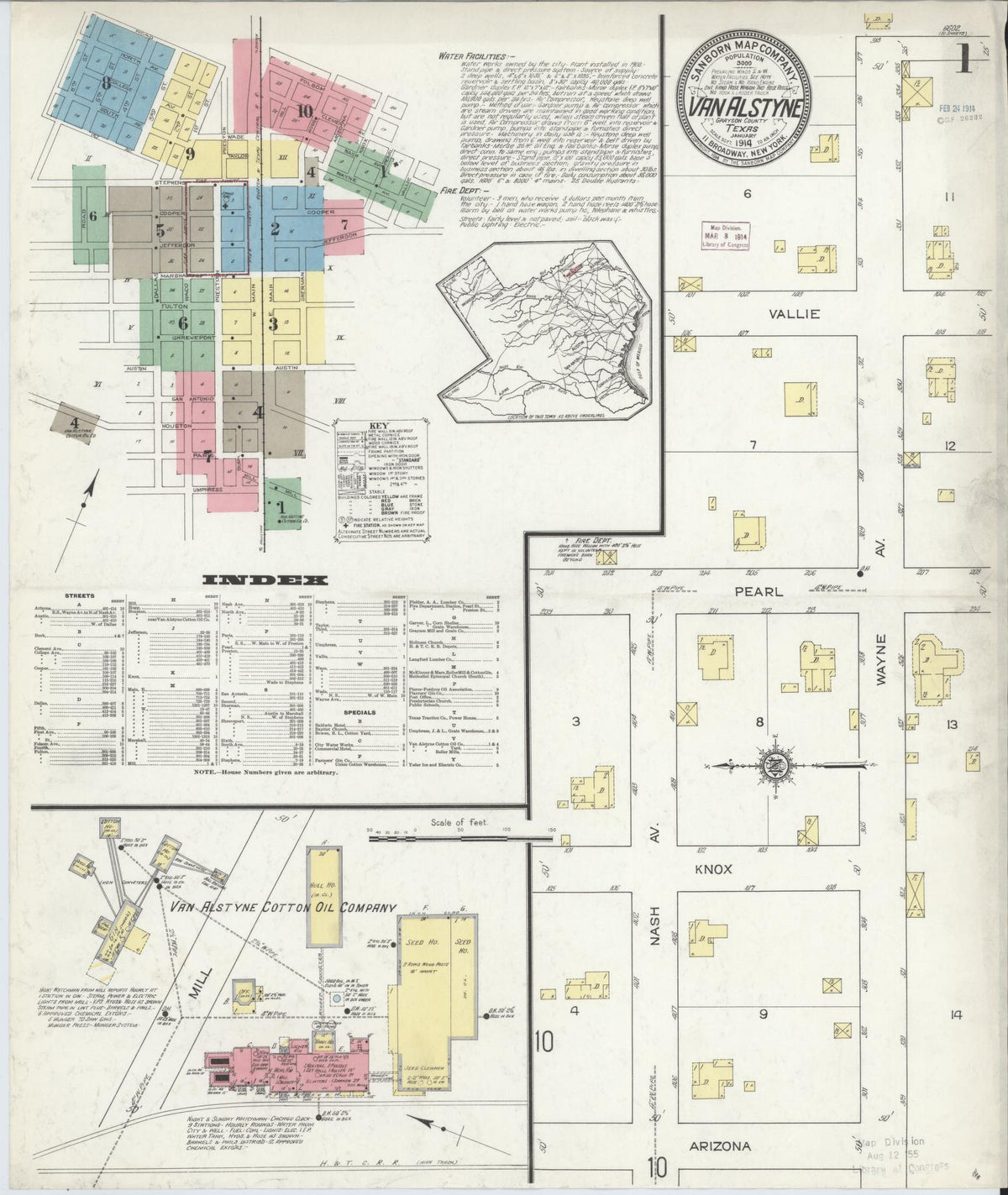 Sanborn Fire Insurance Map from Van Alstyne, Grayson County, Texas (1914), Sheet #0001 - Historic Sanborn Fire Insurance Map Print, vintage old map wall art, antique decor, genealogy gift, Texas Texas map