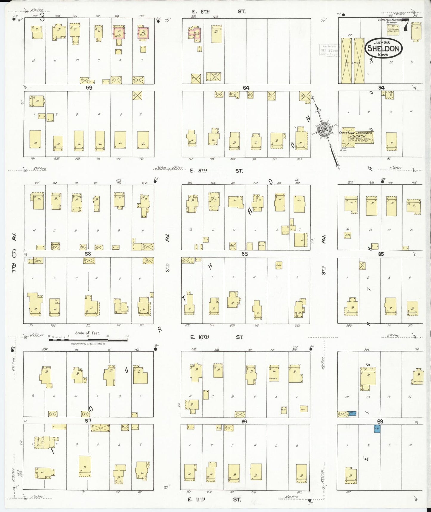 Sanborn Fire Insurance Map from Sheldon, O'Brien County, Iowa (1918), Sheet #0007 - Historic Sanborn Fire Insurance Map Print, vintage old map wall art