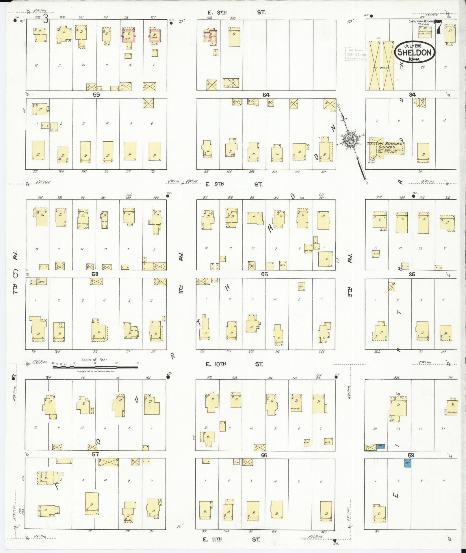 Sanborn Fire Insurance Map from Sheldon, O'Brien County, Iowa (1918), Sheet #0007 - Historic Sanborn Fire Insurance Map Print, vintage old map wall art
