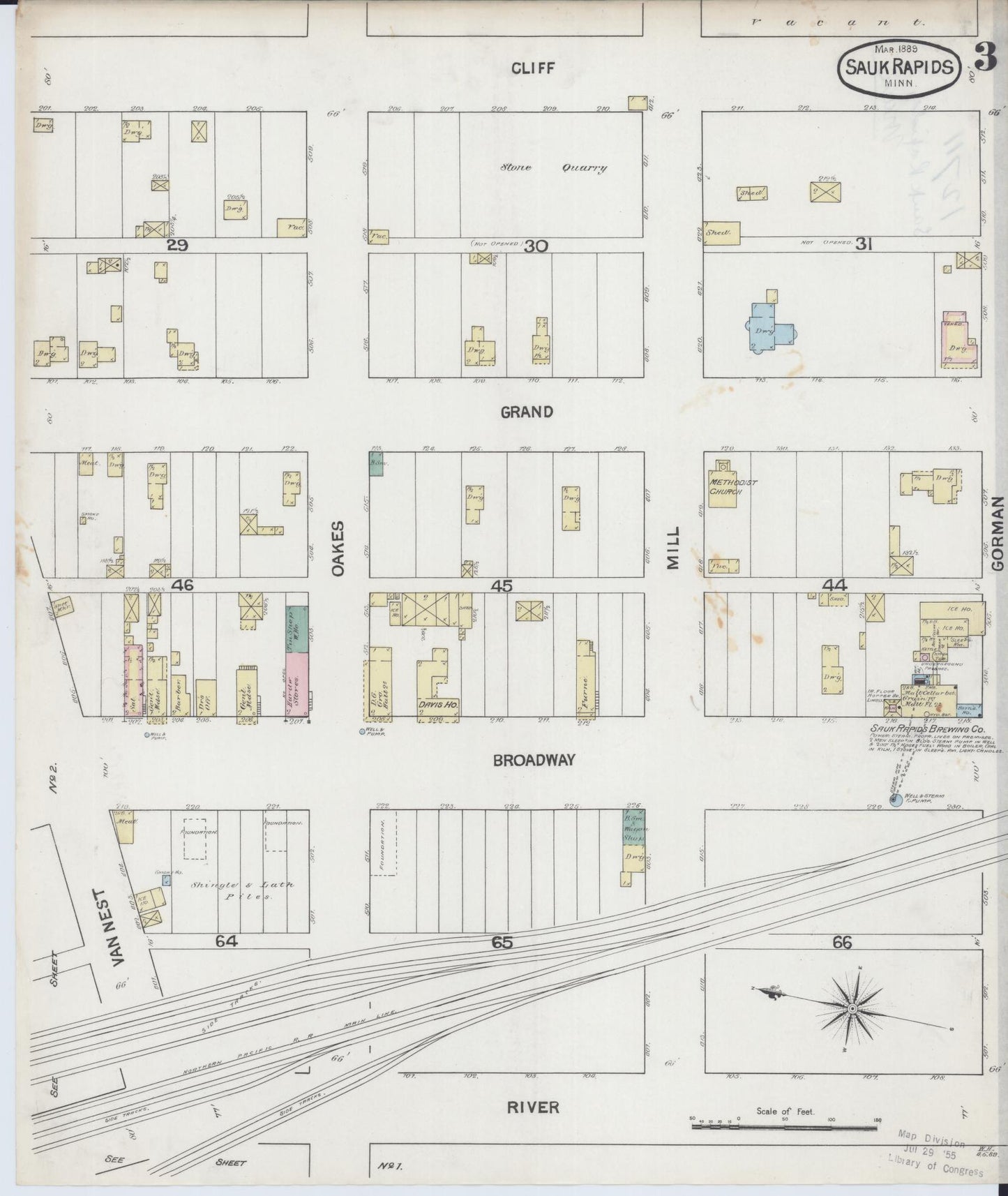 Sanborn Fire Insurance Map from Sauk Rapids, Benton County, Minnesota (1889), Sheet #0003 - Historic Sanborn Fire Insurance Map Print, vintage old map wall art, antique decor, genealogy gift, Minnesota Minnesota map