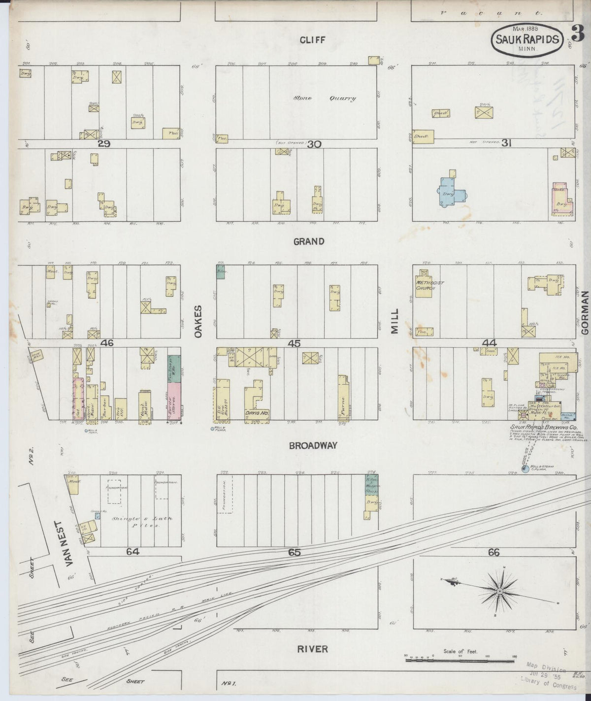 Sanborn Fire Insurance Map from Sauk Rapids, Benton County, Minnesota (1889), Sheet #0003 - Historic Sanborn Fire Insurance Map Print, vintage old map wall art, antique decor, genealogy gift, Minnesota Minnesota map
