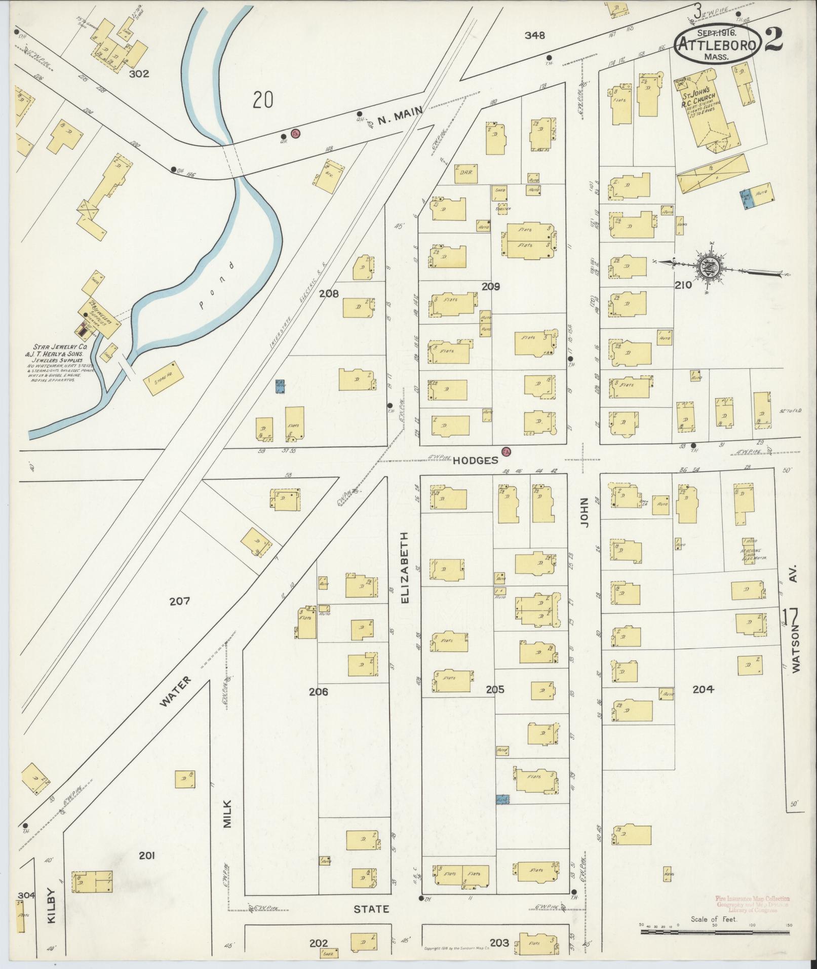 Sanborn Fire Insurance Map from Attleboro, Bristol County, Massachusetts (1916), Sheet #0002 - Complete Map Set gallery image, historic Sanborn map, vintage wall art, Massachusetts Massachusetts