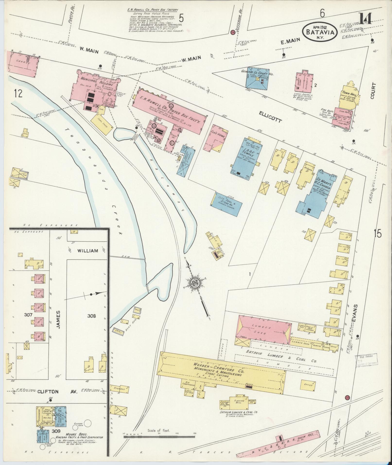 Sanborn Fire Insurance Map from Batavia, Genesee County, New York (1912), Sheet #0014 - Historic Sanborn Fire Insurance Map Print, vintage old map wall art, antique decor, genealogy gift, New York New York map